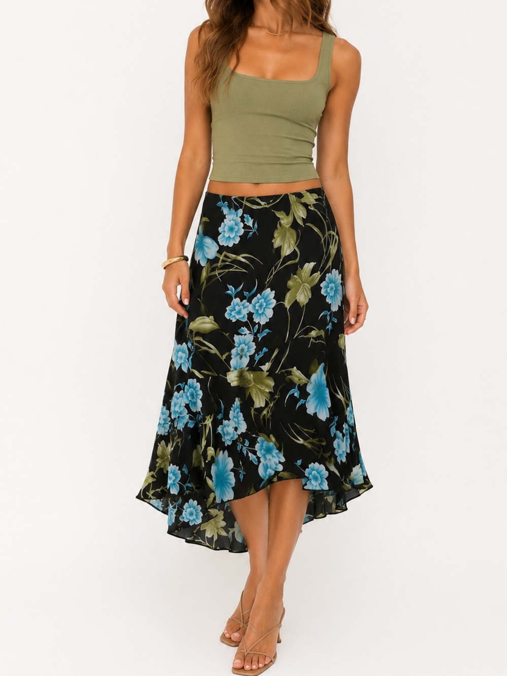 Black High-Low Midi Skirt with Blue Floral Print